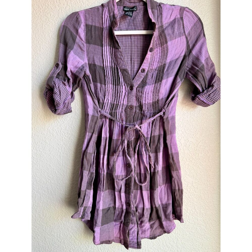 Wet Seal Purple Gray Plaid Tunic Top Small Tie Waist Roll Tab Sleeve Y2K Style